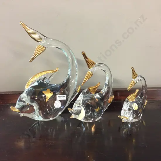 Vintage Italian Murano Glass Set of 3 Graduated Large Fish Ornaments, Gold Highlighting, H23,17 & 13cm